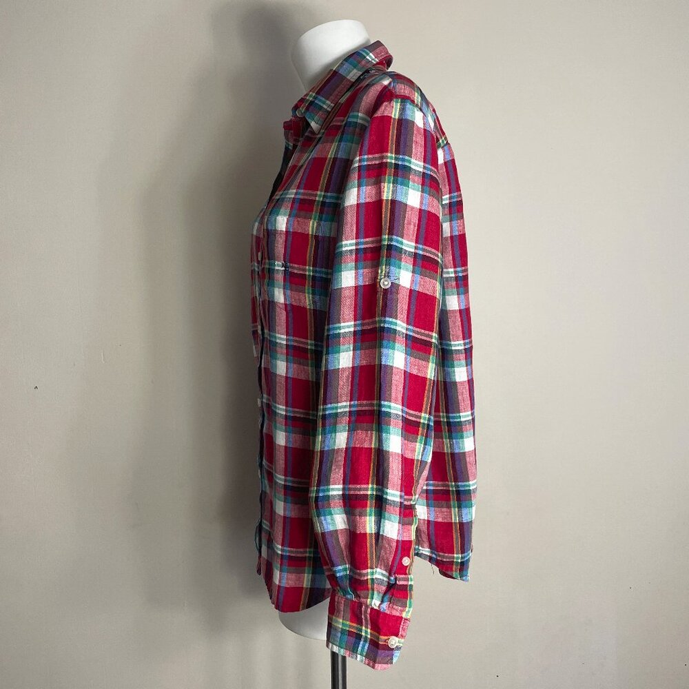 Lauren Ralph Lauren Shirt Women Sz Large 100% Linen Red Plaid Button Up Roll Tab - Picture 4 of 16
